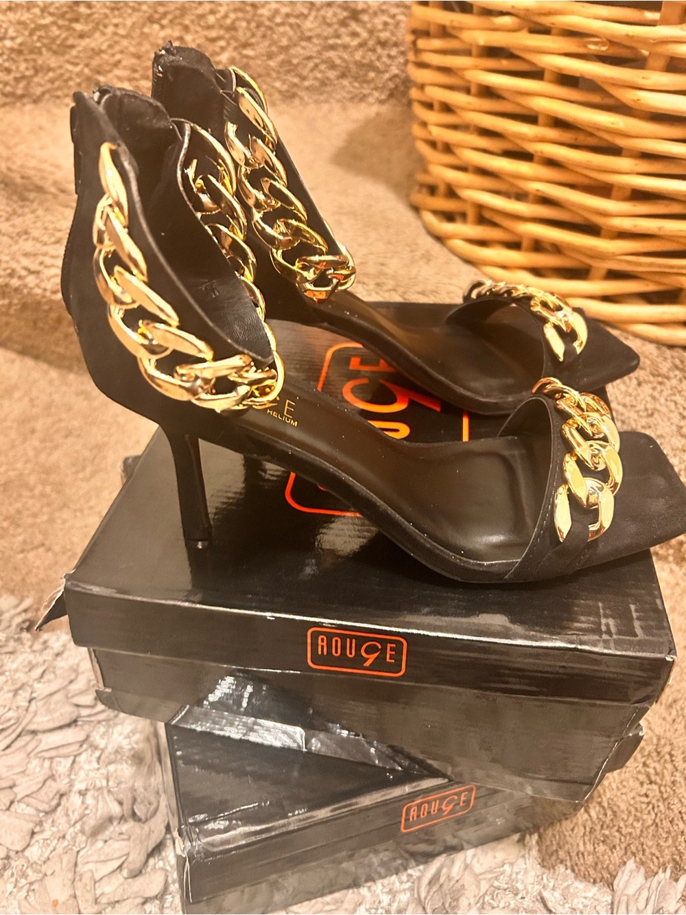 Rouge Helium Black Stiletto Sandals with Gold Chain Trim